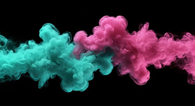 Turquoise and pink smoke wisps intertwining on black