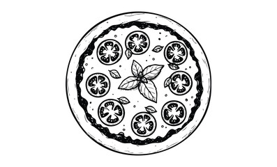 Hand-drawn pizza with tomatoes and basil on white background. Vector retro hand drawn illustration