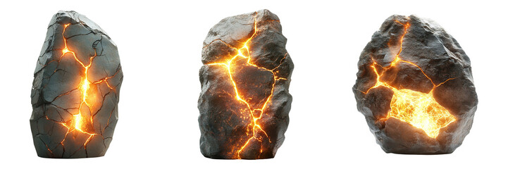 Fantasy Magic Rocks with Luminous Lava Veins and Cracked Surfaces Emitting Mystical Light Isolated on Transparent Background