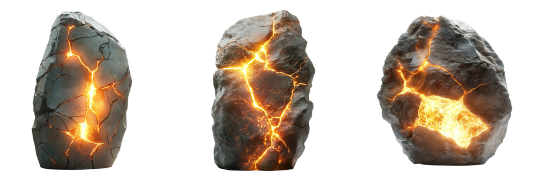 Fantasy Magic Rocks with Luminous Lava Veins and Cracked Surfaces Emitting Mystical Light Isolated on Transparent Background