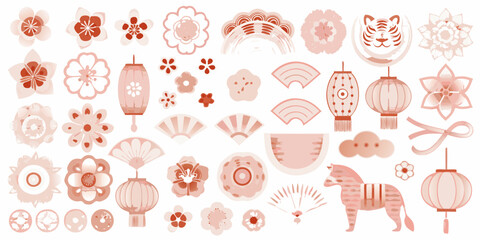 Collection of japanese inspired floral elements and symbols in pink and orange