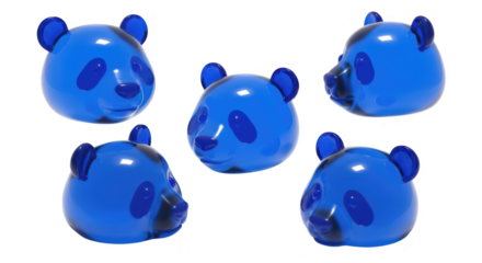 Blue transparent panda head rendered in multiple views against a white background suitable for 3D modeling design elements and product visualization