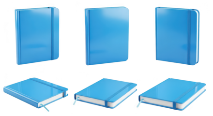 Six views of a glossy blue notebook isolated on white background for presentation note-taking or mockup purposes