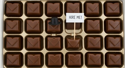 Unique Chocolate Box with Hire Me Sign and Top Hat Candy for Job Search Concept