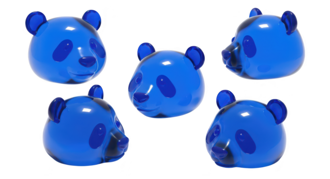 Blue transparent panda head rendered in multiple views against a white background suitable for 3D modeling design elements and product visualization