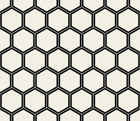 Seamless hexagonal pattern with black outlines on light beige background. For use in textile design, wallpaper, packaging, or backdrop in graphic design projects. Vector illustration