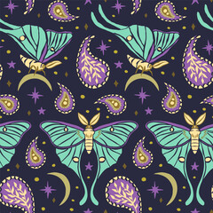 Fototapeta premium Seamless pattern with teal luna moth and paisley on dark blue background. Stars and moons boho wallpaper. Nocturnal butterfly background