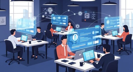 Team collaboration in a modern office environment with connected digital interfaces