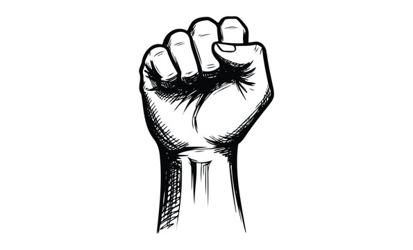 Black and white illustration of raised fist symbolizing strength and solidarity. Vector retro hand drawn illustration