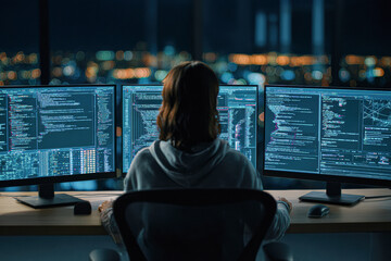 A person working late at night on a multi-monitor setup, coding software with city lights blurred in the background.