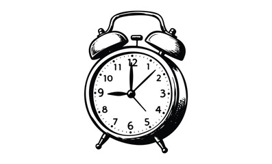 Vintage black and white alarm clock illustration with bells and hands showing 10:10. Vector retro hand drawn illustration