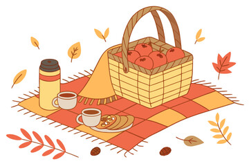 Cozy Autumn Picnic Basket with Apples and Coffee.