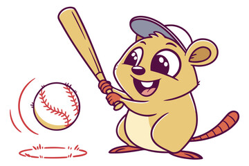 Cute cartoon hamster playing baseball with bat and ball.