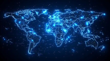 Global map with glowing country borders and digital data points.