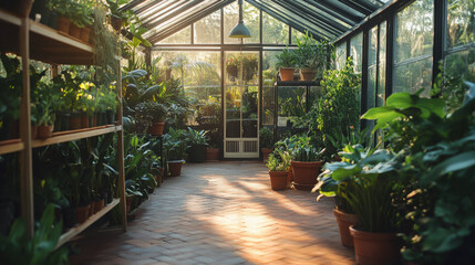 Sunlit Greenhouse Interior with Lush Plants Shelves and Brick Flooring
