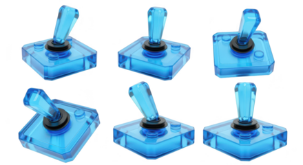Blue plastic joystick array on white background showcasing movement variations for game interface design and animation assets
