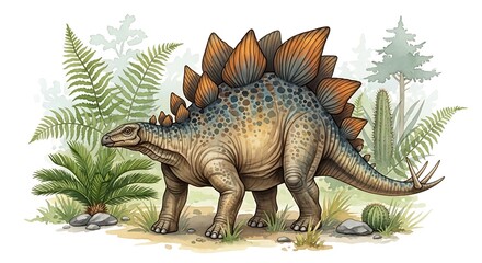 Obraz premium Watercolor Illustration of a Stegosaurus in a Lush Prehistoric Landscape