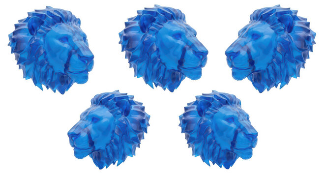 5 Blue Lion Heads in Various Poses on White Background Depicting Strength for Design or Marketing