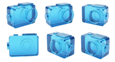 Transparent glass cameras are displayed on a white background in multiple perspectives highlighting design for illustration or technological representation