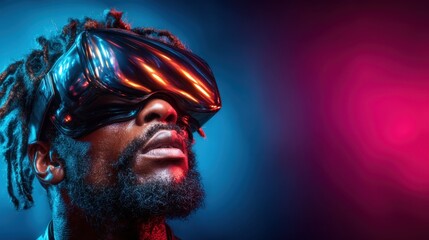 A dynamic portrait of a man immersed in virtual reality, captured against a vibrant, colorful background that enhances the futuristic and exploratory spirit of technology.