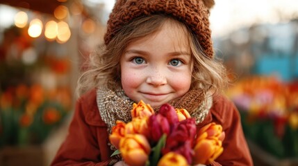 A charming young girl wearing a cozy hat and scarf holds a vibrant bouquet of tulips, capturing the essence of childhood joy and the beauty of nature in full bloom.
