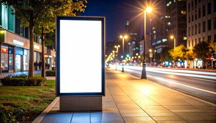Brightly Lit Outdoor Advertising Billboard on a Busy City Sidewalk at Night Showcasing a Blank White Screen