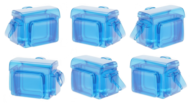 Clear blue tote bags in various angles on a white backdrop showcasing its design for product visuals