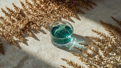 A close-up of a glass jar containing teal gel, surrounded by dried golden ferns, creating a serene and natural aesthetic.