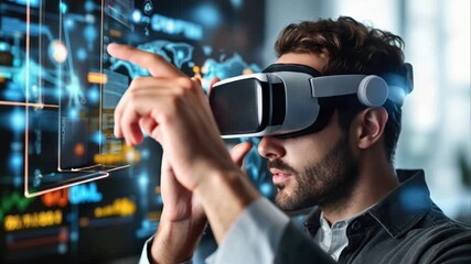 Man interacting with augmented reality world map using virtual reality headset - Powered by Adobe