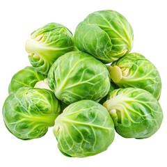 Fototapeta premium Fresh Brussels Sprouts Pile: A cluster of vibrant, fresh Brussels sprouts, their verdant leaves and intricate textures displayed in a photorealistic composition.