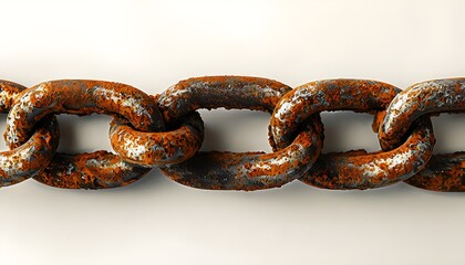 Close-up of Rusted Metal Chain Links with Detailed Corrosion Texture on Light Background, Highlighting Industrial Decay, Strength, and Weathered Surface Patterns