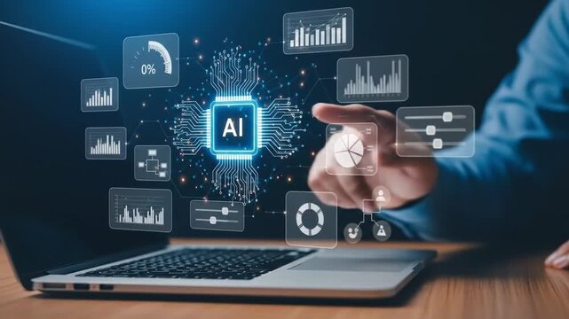 Digital Intelligence Integration: Hand Interacting with AI Chip and Data Analytics Dashboard from Laptop, Symbolizing Business Technology and Futur...