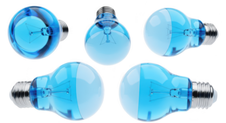 Blue lightbulbs multiple angles illuminated on white background representing ideas For use in web design advertising or education
