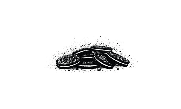 Black and white sketch of oreo cookies in a pile. Vector retro hand drawn illustration