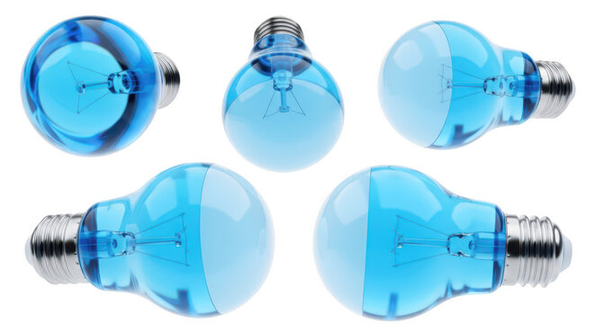 Blue lightbulbs multiple angles illuminated on white background representing ideas For use in web design advertising or education