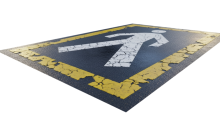 Pedestrian Crossing Sign on Cracked Asphalt Urban Street Detail Texture Overhead View