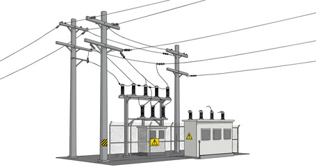 High voltage electric substation with transformers, utility poles, power lines, warning signs, secure fence, electricity infrastructure vector, energy distribution illustration
