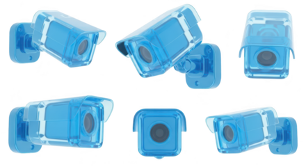 Several blue security cameras mounted isolated on white capturing surveillance used for monitoring and protection