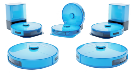 Transparent blue robot vacuums charging in various positions against a white background showcasing smart home technology