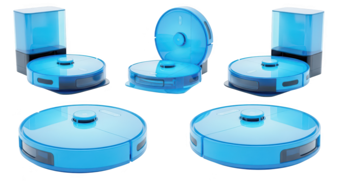 Transparent blue robot vacuums charging in various positions against a white background showcasing smart home technology