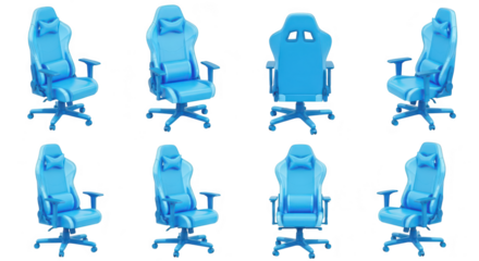 Multiple views of a blue ergonomic gaming chair isolated on a white background showing different angles for product presentation