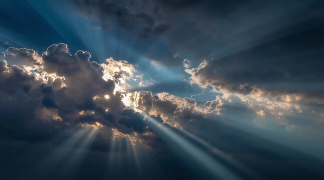 Dramatic clouds with sunlight rays breaking through the sky  