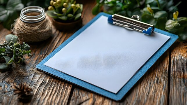 Organized and productive workspace with blue clipboard and blank paper