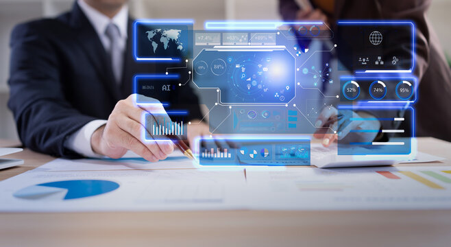 businesswoman and businessman with financial analysis data charts in office working space, Business financial and market analysis.