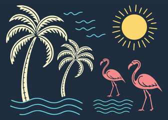 Flat Vector Icons of Tropical Beach Elements with Palm Trees, Flamingos, Sun, and Birds