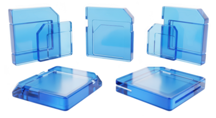 Group of translucent blue plastic media card holders showcased isolated on white background potential for tech or storage visuals