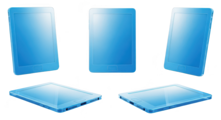 Several blue digital tablets in various angles on a white backdrop for showcasing design interface or content