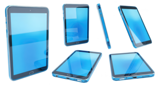 Various angles of a digital device displaying a blue screen isolated on a white background for showcasing apps and digital content