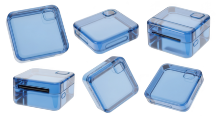 Transparent blue storage boxes in various angles digitally rendered on a clean white background for product design or conceptual illustration