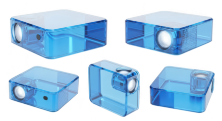 Blue transparent projectors displaying light multiple angles on a white background for presentations and home entertainment